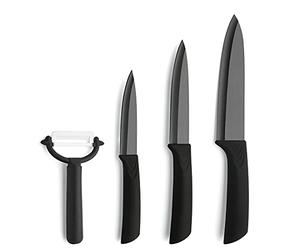 Amefa Auenthal Juego de cuchillos de cerámica de 4 piezas, cuchillas negras de cerámica, extremadamente afiladas y ligeras, cuchillo de chef, cuchillo multiusos, cuchillo para mechar y pelador, sert de cuchillos de cerámica