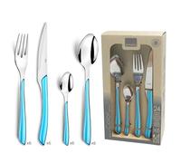Amefa ECLAT - Juego de 24 piezas para 6 personas, pulido y inoxidable, asas de colores, apto para lavavajillas, cubiertos de cocina, cubiertos de colores, acero inoxidable, plástico, turquesa/plata