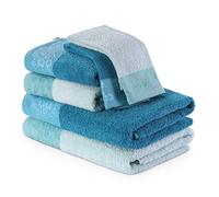 AmeliaHome CREA, Juego de 6 Toallas de Ducha, 100% algodón, Cenefa, 70 x 140, 50 x 90, 30 x 50 cm, Color Azul Claro Cian, 500 g/m²