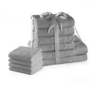 AmeliaHome Juego de Toallas de Acero 4 Toallas de Invitados de 30 x 50 cm, 4 Toallas de Mano de 50 x 100 cm y 2 Toallas de Ducha de 70 x 140 cm, 100% algodón, Absorbente, Color Plateado y Gris Amari