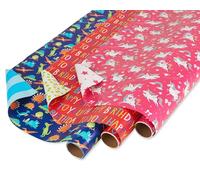American Greetings Papel de regalo de cumpleaños reversible para niños, dinosaurios y unicornios (3 rollos, 120 pies cuadrados)