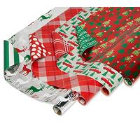 American Greetings Paquete de papel de regalo reversible de Navidad, rayas, lunares, cuadros, renos, camiones y árboles (4 rollos, 120 pies cuadrados)