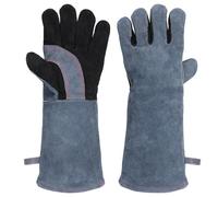 AMFUN 40CM Guantes de Barbacoa de Cuero, 300℃/572℉ Guante De Barbacoas Resistentes al Calor, Guantes Barbacoa para Ignífugos, Soldadura, Chimenea, Horno, Cocina, Estufa (Gris Oscuro)