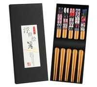 AMFUN 5 pares de palillos de bambú natural reutilizables Aptos para lavavajillas con Estilo Gato De La Suerteen una hermosa caja negra hecha a mano Decorado
