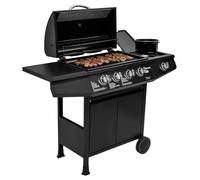 Amig - Barbacoa de gas Fireplus 4+1 de 9,3 kW - Acero inoxidable Negro - Parrilla con ruedas Modelo GRILL-4F - Barbacoa XXL con carro y termómetro - 126x52x103 cm - 5 quemadores y Bandeja lateral