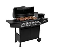 Amig - Barbacoa de gas Fireplus 6+1 de 12,9 kW - Acero inoxidable Negro - Parrilla con ruedas Modelo GRILL-6F - Barbacoa XXL con carro y termómetro - 138x52x103 cm - 7 quemadores y Bandeja lateral