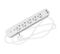 Amig - Base Múltiple Mod.5510 o Regleta con 5 Tomas o Enchufes Schuko con Toma de Tierra e Interruptor + 2 Tomas USB de Máximo 2,1 A, Cable de 3G 1,5 mm²: 1,4 m, Blanco Y Plata