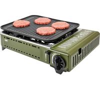 Amig - Camping Gas BBQ01, cocina portátil, hornillo para barbacoa con placa de aluminio fundido, con recipiente de acero inoxidable para recoger la grasa, potencia de 1,8 kW, compatible con