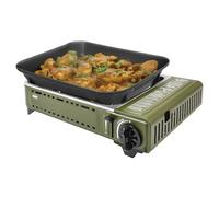 Amig - Camping Gas - Cocina Portátil - Kit Hornillo Grill - Parrilla Fundición Aluminio + Plancha con Tapa Cocción - Bandeja Recoge Grasas de Acero Inoxidable - 1,8 Kw Potencia - Cartuchos B-250
