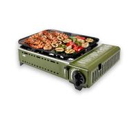 Amig - Camping Gas| Cocina Portatil |Kit Hornillo Grill - Parrilla Fundicion Aluminio + Plancha Con Tapa|Con Bandeja Recoge Grasas De Acero Inoxidable | 1,8 Kw Potencia