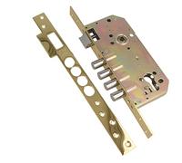 Amig - Cerradura de Embutir Con Bulones para Puertas de Madera Mod. 100-50/85 mm - Con Cilindro y Escudo de Seguridad - Picaporte Reversible - Acero Latonado Barnizado