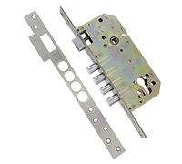Amig - Cerradura de Embutir Con Bulones para Puertas de Madera Mod. 100-50/85 mm - Con Cilindro y Escudo de Seguridad - Picaporte Reversible - Acero Inoxidable Mate
