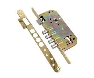 Amig - Cerradura de Embutir Con Bulones para Puertas de Madera Mod. 101-50/85 mm - Con Cilindro y Escudo de Seguridad - Picaporte Reversible - Acero Latonado Barnizado
