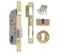 Amig - Cerradura de Embutir con Cilindro de Seguridad y Bocallave + 5 Llaves - Para Puertas de Madera de Entrada - De Acero Latonado - Picaporte Reversible - Para Manillas de 8 mm