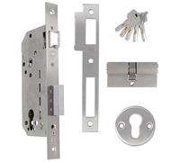 Amig - Cerradura de Embutir con Cilindro de Seguridad y Bocallave + 5 Llaves - Para Puertas de Madera de Entrada - De Acero Cromado - Picaporte Reversible - Para Manillass de 8 mm