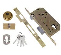Amig - Cerradura de Embutir Mod.200 con Cilindro de Seguridad y Escudo + 5 Llaves - Para Puertas de Madera de Entrada - Con Picaporte Reversible - Para Manillas de 8 mm - De Acero Latonado