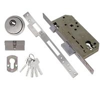 Amig - Cerradura de Embutir Mod.200 con Cilindro de Seguridad y Escudo + 5 Llaves - Para Puertas de Madera de Entrada - Con Picaporte Reversible - Para Manillas de 8 mm - De Acero Inoxidable