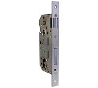 Amig - Cerradura de Embutir para Puertas de Madera - Con Paletón de Cierre - Frente y Soporte en Canto Cuadrado - Entrada de 50 mm - Picaporte reversible - Acero - Plateado Mate - 240 mm