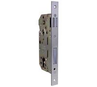 Amig - Cerradura de Embutir para Puertas de Madera - Con Paletón de Cierre - Frente y Soporte en Canto Cuadrado - Entrada de 50 mm - Picaporte reversible - Acero inoxidable - Plateado Mate - 240 mm