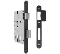 Amig - Cerradura de Embutir para Puertas de Madera - Con Paletón de Cierre - Frente y Soporte en Canto Redondo - Entrada de 50 mm - Picaporte reversible - Acero - Negro Mate - 230 mm