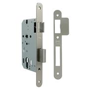 Amig - Cerradura de Embutir para Puertas de Madera - Con Paletón de Cierre - Frente y Soporte en Canto Redondo - Entrada de 50 mm - Picaporte reversible - Acero - Plateado Mate - 230 mm