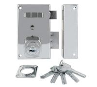 Amig - Cerradura de Sobreponer de Derecha con Palanca de Cierre, Lengüeta y Tirador para Puertas de Madera Mod. 75, 67 x 112 mm, Cilindro Redondo de Seguridad, Acero Plateado