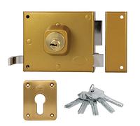 Amig - Cerradura de Sobreponer de Derecha con Palanca de Cierre, Lengüeta y Tirador para Puertas de Madera Mod. 73, 100 x 85 mm, Pestillo Con Cilindro Europerfil, Acero Dorado