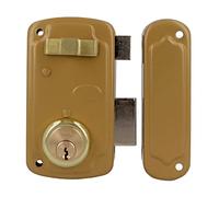 Amig - Cerradura de Sobreponer de Derecha con Palanca de Cierre, Lengüeta y Tirador para Puertas de Madera Mod. 75U - 66 x 120 mm - Cilindro Redondo de Seguridad - Acero Dorado