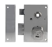 Amig - Cerradura de Sobreponer de Izquierda con Palanca de Cierre, Lengüeta y Cuadradillo para Puertas de Madera Mod. 75N - 72 x 112 mm - Cilindro Redondo de Seguridad - Acero Plateado