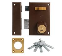 Amig - Cerradura de Sobreponer de Izquierda con Palanca de Cierre - Lengüeta y Tirador para Puertas de Madera - Mod. 75, 72 x 112 mm - Cilindro Redondo de Seguridad - Acero - Marrón