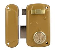 Amig - Cerradura de Sobreponer de Izquierda con Palanca de Cierre, Lengüeta y Tirador para Puertas de Madera Mod. 75U 66 x 120 mm Cilindro Redondo de Seguridad Acero Dorado