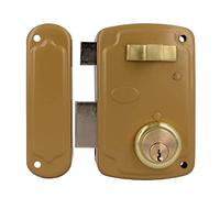 Amig - Cerradura de Sobreponer de Izquierda con Palanca de Cierre, Lengüeta y Tirador para Puertas de Madera Mod. 75U 76 x 120 mm Cilindro Redondo de Seguridad Acero Dorado