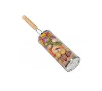 Amig - Cesta Redonda para Barbacoa - 8 x 20 cm - Mango Madera - Parrilla de Acero Inoxidable - Cesta Giratoria para Barbacoas en Jardín o Camping - Apoyo estable y limpieza sencilla - Mod. AM28