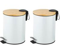 Amig - Cubo de Basura para Baño con Pedal 3 Litros Mod. Naturline - Color Blanco y Bambú - Apertura Higiénica sin Manos - Ø16,8 x 23 cm - Acero Inoxidable Lacado - Papelera Redonda con Tapa Hermética