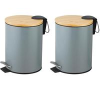 Amig - Cubo de Basura para Baño con Pedal 3 Litros Mod. Naturline - Color Gris y Bambú - Apertura Higiénica sin Manos - Ø16,8 x 23 cm - Acero Inoxidable Lacado - Papelera Redonda con Tapa Hermética