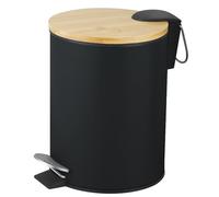 Amig - Cubo de Basura para Baño con Pedal 5 Litros Mod. Naturline - Color Negro y Bambú - Apertura Higiénica sin Manos - Ø20 x 26 cm - Acero Inoxidable Lacado - Papelera Redonda con Tapa Hermética