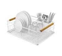 Amig - Escurreplatos Graz II Blanco - 42 x 31,5 x 15 cm - Acero con Mango de Madera - Color Blanco - Escurreplatos con Bandeja de Goteo y Soporte para Cubiertos - Capacidad 10 Platos y 6 Vasos