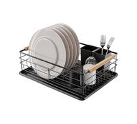 Amig - Escurreplatos Graz II Negro - 42 x 31,5 x 15 cm - Acero con Mango de Madera - Color Negro - Escurreplatos con Bandeja de Goteo y Soporte para Cubiertos - Capacidad 10 Platos y 6 Vasos