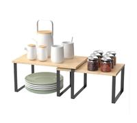 Amig - Estante para Especias Organizador Mod. Soren - Set 2 Piezas - Estantes Apilables - 32 x 20 x 15,6 cm / 28 x 18,5 x 13,9 cm - Acero y Bambú - Color Negro y Madera - Organizador Encimera