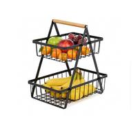 Amig - Frutero 2 Niveles STILO04-30 x 18,4 x 32 cm - Acero y Bambú - Color Negro y Madera Natural - Frutero Vertical con 2 Cestas Desmontables para Encimera - Organizador Cocina