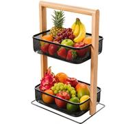 Amig - Frutero con 2 Cestos en Altura - Organizador de Cocina o Baño - Acero Negro y Bambú - Estante Multiusos para Tarros, Botes o Accesorios - 27 x 18 x 44 cm