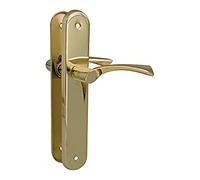 Amig - Juego de 2 Manillas de Placa Ovalada de Acero y Tirador de Zamak con Acabado Latonado Barnizado para Puertas de Paso de Interior - 237 x 40 mm · Manivela 120 mm - Incluye Tornillos