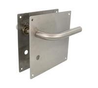 Amig - Juego de Manillas con Placa para puerta - Maneta con agujero para Muletilla a 70mm - Mod. 4CW70 - Acero inoxidable 18/8-180 x 180 mm - Cuadradillo de 8 mm - Plateado mate