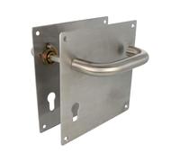 Amig - Juego de Manillas con Placa para puerta - Maneta con Bocallave a 72mm - Mod. 3CB72 - Acero inoxidable 18/8-180 x 180 mm - Cuadradillo de 8 mm - Plateado mate