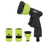 Amig - Kit de Riego - 4 Componentes - 1 Pistola de Riego con 7 Modos, 1 Adaptador con Reductor para Grifo y 2 Empalmes Rápidos de 1/2" y 3/4" con Función Stop - Plástico ABS - Verde Pistacho y Negro
