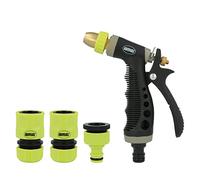 Amig - Kit de Riego - 4 Componentes - 1 Pistola de Riego con Caudal Regulable, 1 Adaptador con Reductor y 2 Empalmes Rápidos de 1/2" y 3/4" con Función Stop - Plástico ABS - Verde Pistacho y Negro