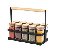 Amig - Organizador de Botes de Especias - Estante para Encimera de Cocina - Acero Negro y Bambú - Almacenamiento de Tarros de Cocina y Especieros - Medidas: 21,5 x 9,5 x 18 cm