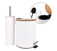 Amig - Pack de Papelera y Escobillero Naturline - Ø168 x 230 mm - Acero y Bambú - Color Blanco - Juego de Baño Compacto y Coordinado - Ideal para Espacios Modernos y Naturales