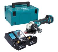 Amoladora angular a batería Makita DGA 517 Z de 18 V y 125 mm sin escobillas + 2 baterías de 9,0 Ah + cargador + maletín Makpac