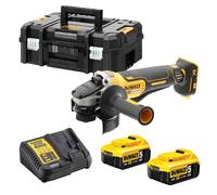 Amoladora angular inalámbrica DeWALT DCG406P2-QW de 18 V y 5 Ah: dispositivo sin escobillas con función de seguridad (activación por presión). Incluye: 2 baterías de 18 V y 5 Ah, cargador y maletín T-